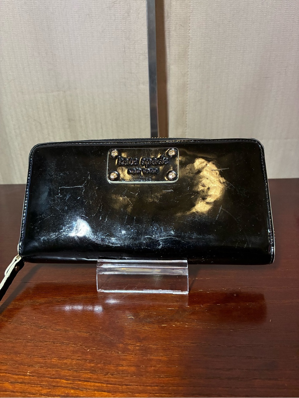 Kate Spade Black Patent Zip-Around Wallet with Logo Plaque